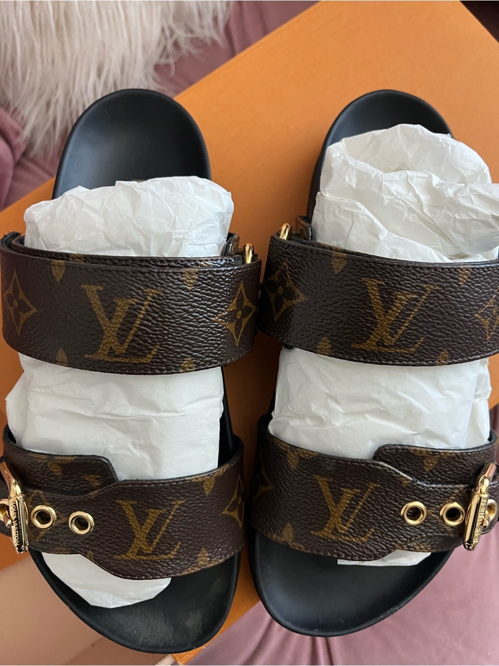 Louis Vuitton Brown Monogram Double-Strap Slide Sandals with Gold Buckles - Picture 2 of 5